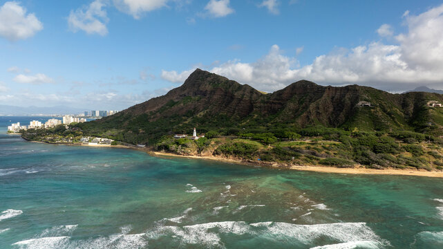 Aerial view of Diamond Head, the lighthouse and Waikiki
