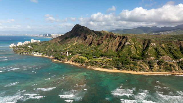 Wide aerial view of Diamond Head toward Waikiki Beach