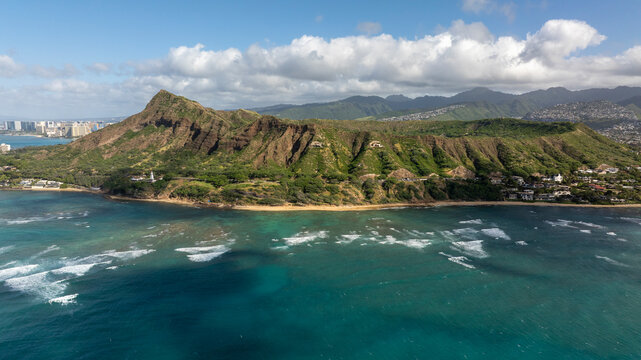 Wide aerial view of Diamond Head toward Waikiki Beach