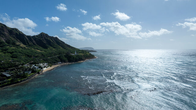 Aerial view of Pacific Ocean and Diamond Head lighthouse