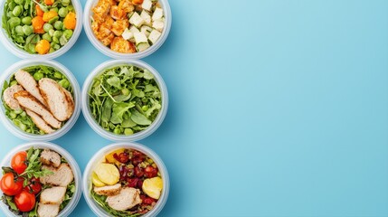 A selection of healthy meal prep containers are arranged on blue background.