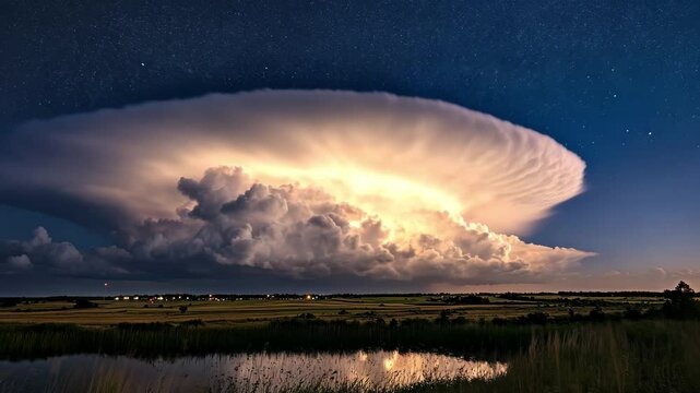 Thunderstorms illuminated by lightning under dark cumulonimbus clouds in a nighttime landscape, bad weather with thunderstorms in dark cumulonimbus clouds moving in the dark sky