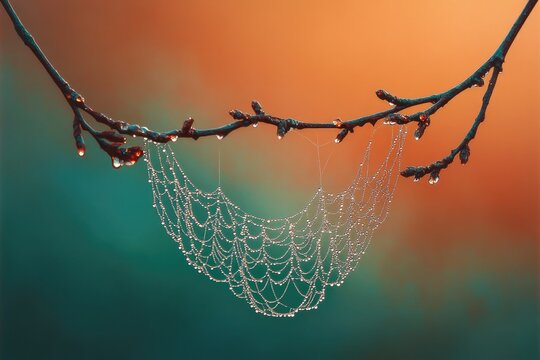 A spiderweb strung between branches is covered in dewdrops against a blended orange and green background.