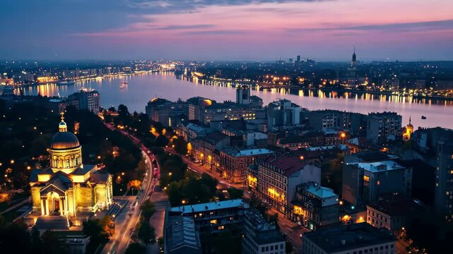 Explore the stunning aerial view of Belgrade at twilight with vibrant city lights and the flowing river, Aerial view around the city capitol Belgrade in Serbia on an early night on an autumn day