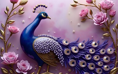Obraz premium Purple Peacock Resin Art with Gold Accents and Floral Details. High quality