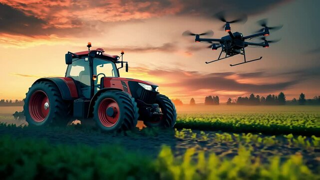 Modern futuristic tractor and agricultural drone in the sky at future farm on sunset, Smart agriculture farming concept	