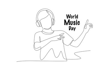 Boy listening to music with headphones. World music day concept one-line drawing