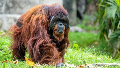 Orangutan walks on the green grass, the large mammal looks toward the camera