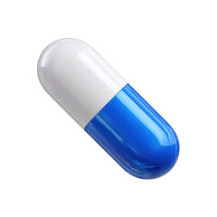 Closeup of a single blue and white capsule pill medicine 3d drug cure care on transparent background