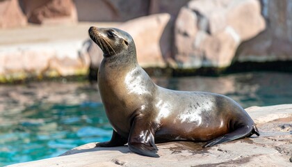 Fototapeta premium Sea lion basking on a rock, head raised, with water and rocky background
