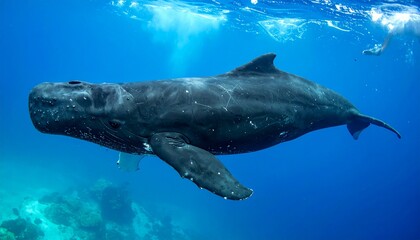 Naklejka premium Humpback whale swims peacefully underwater, its flipper extended in clear blue ocean
