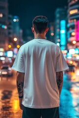Fototapeta premium Young Man Standing in City Street at Night with Urban Lights