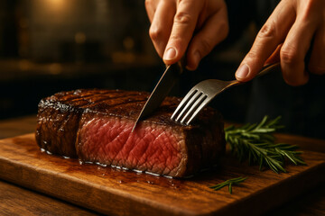 Juicy Steak Being Sliced with Knife and Fork on Wooden Cutting Board in Cozy Kitchen Setting