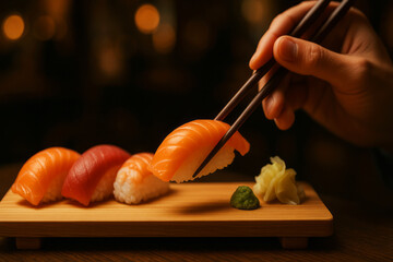 Obraz premium Hand Holding Chopsticks with Fresh Sushi Selection on Wooden Plate in Fine Dining Restaurant