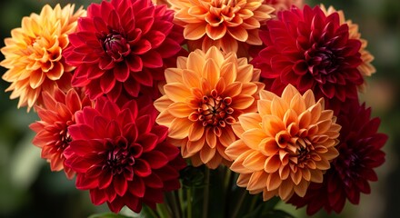 深紅とオレンジ色 ダリア 花束 鮮やか 自然光. AI Generated