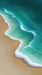 Obraz premium Aerial view of a beach with turquoise water gently lapping against a sandy shore, creating a serene coastal atmosphere.