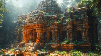A forgotten temple overgrown with lush, exotic vegetation, its stone walls covered in intricate carvings and bathed in dappled sunlight filtering through the leaves