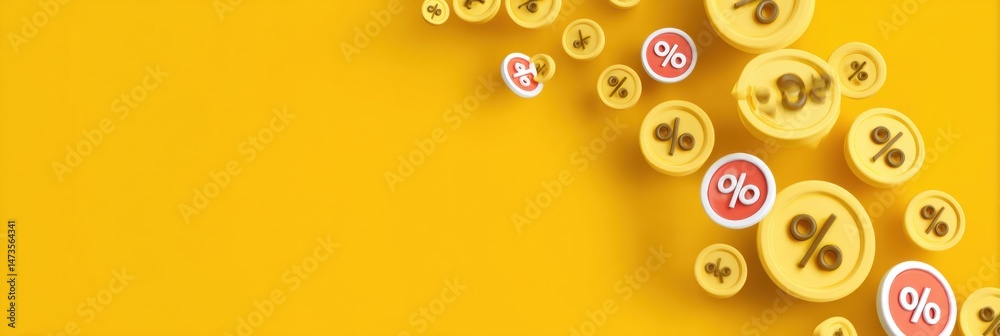Poster discount stickers floating on a vibrant yellow background creating an eye-catching display for promo