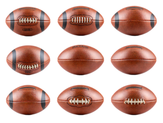Nine Brown Leather American Footballs on Transparent Background, PNG