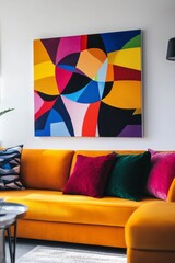 Colorful Abstract Art on Wall Above Cozy Modern Sofa in Interior