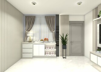 Minimalist 3D design for a shoe and storage cabinet positioned under a window.