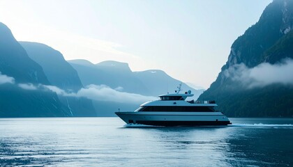 Ship sails across tranquil water amid towering mountains under a blue and cloudy sky