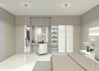 Modern, elegant, and clean 3D design for a wardrobe, bag display cabinet, and dressing table for bedroom or walk-in closet interiors.