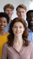 Obraz premium A diverse group of smiling individuals stands together, showcasing unity and friendship in a bright, modern setting.