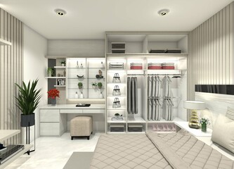 3D design for an open wardrobe and dressing table without doors.