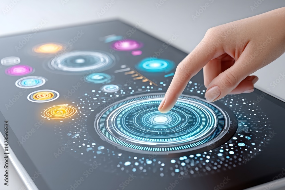 Aufkleber A futuristic touch interface showing a holographic selection panel with multiple glowing options floating in the air