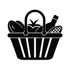black vector silhouette grocery basket full of foots  