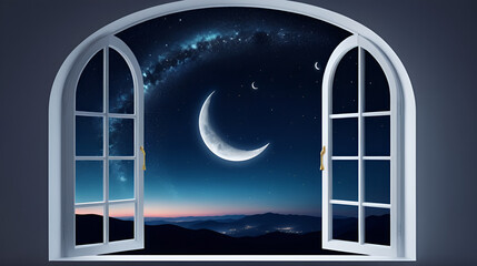 Mystical window with crescent moon in night sky.