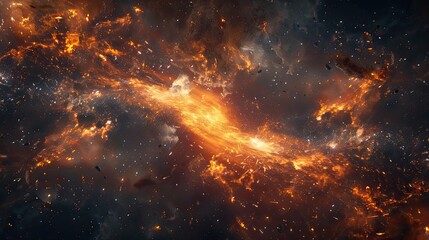 Fototapeta premium Abstract fiery galaxy with orange and black nebula clouds and scattered particles in space view