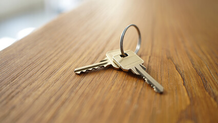 A simple, minimalist shot of keys resting on a rustic wooden table, evoking a sense of quiet and simplicity.