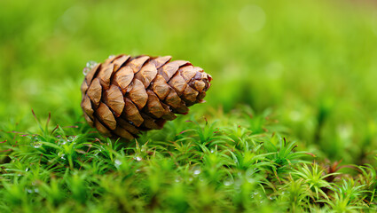 A close-up of a pinecone resting on lush moss, capturing the intricate textures of both the cone and the greenery, evoking a peaceful forest atmosphere.