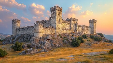 Fototapeta premium A historic castle perched atop a hill overlooking a vast landscape, its stone walls and towers standing as a testament to medieval power and architecture