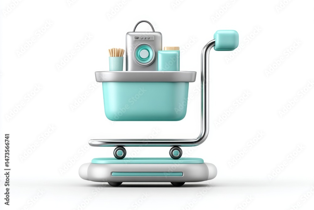 Poster A minimalist shopping cart icon with one product floating above a clean UI