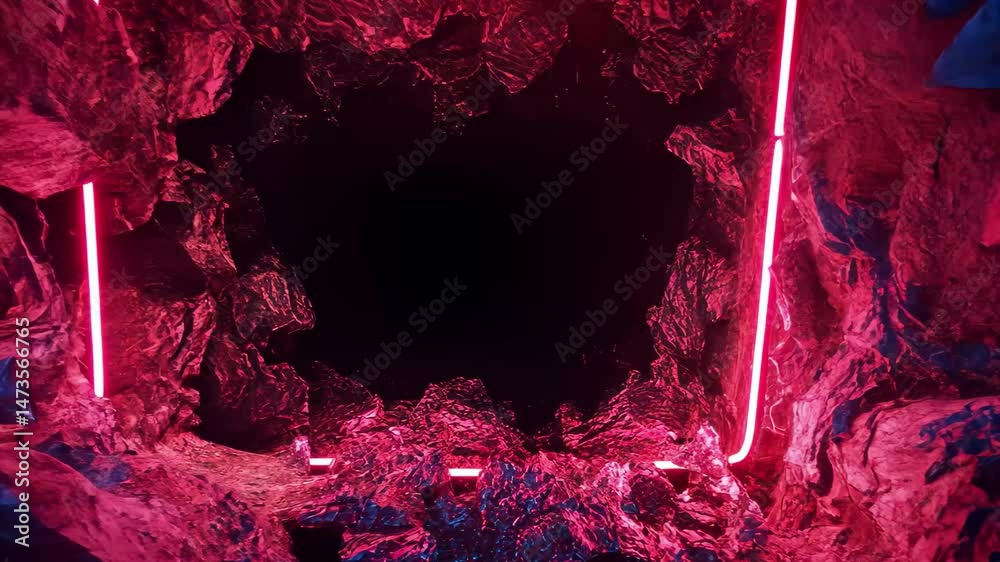 Poster Vibrant abstract cycled background featuring red and blue neon elements with a textured rock frame, ing 3d Abstract cycled background with red blue neon frame