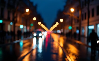 Rainy City Street at Night with Blurry Lights and Reflections. High quality