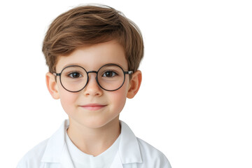 Obraz premium Young boy in a lab coat with glasses science classroom portrait photography neutral background child's curiosity and exploration