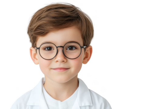 Young boy in a lab coat with glasses science classroom portrait photography neutral background child's curiosity and exploration