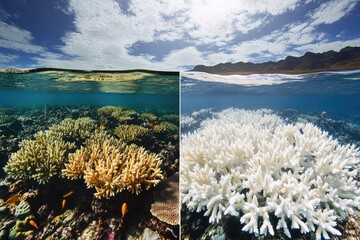 Split image contrasting healthy coral reefs with colorful fish against bleached coral, showing environmental impact under a bright, partly cloudy sky.