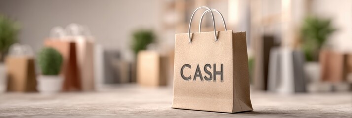 Cashback Promotion Symbol Displayed on Neutral Shopping Background Encourages Consumers to Take Advantage of Savings Opportunities