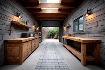 A small home garage workshop with tool walls, a workbench, and projects in progress