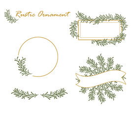 Rustic ornament with rosemary wreath rectangle, circular and ribbon.  Divider and accessories. For holidays greeting card, thank you note, wedding invitation, social media post vector element © Miratusalimah