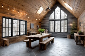 A woodworking workshop in a cabin-style setting with handcrafted furniture in progress