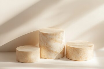 Three cylindrical marble displays on a white background, bathed in sunlight