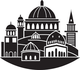 Silhouette illustration of a cityscape with skyscrapers and buildings. A simple yet stylish design for creative and professional use.