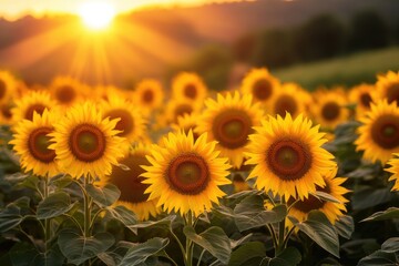 Obraz premium A vibrant field of sunflowers basks in the warm glow of the setting sun, creating a picturesque golden landscape. 