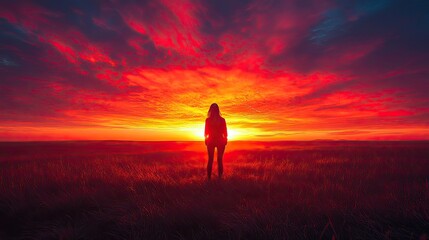 Obraz premium A lone figure stands silhouetted against a breathtaking sunset, the sky ablaze with hues of orange, pink, and purple, a sense of solitude and contemplation fills the air